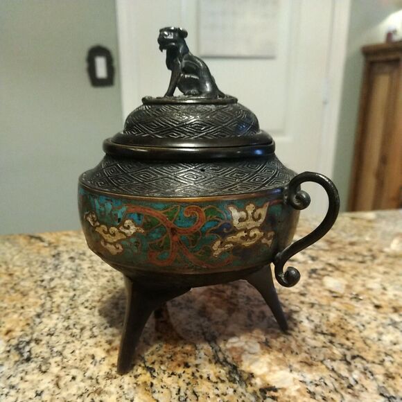 Antique Chinese Cloisonné Enamel Bronze Dynasty Handle Incense Burner Censer Foo - Picture 2 of 12